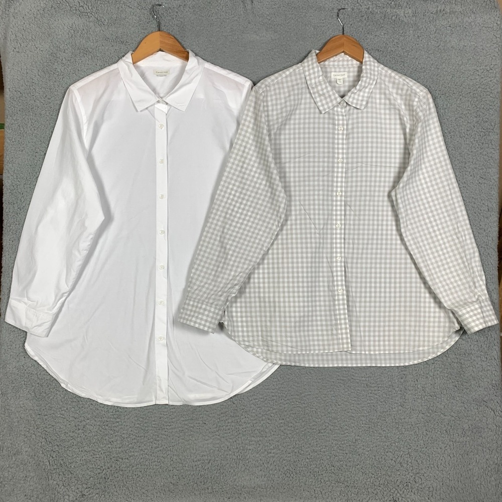 Lot of 2 Garnet Hill Shirts Women's Plus 18 White/Grey Long Sleeve Organic Pima
